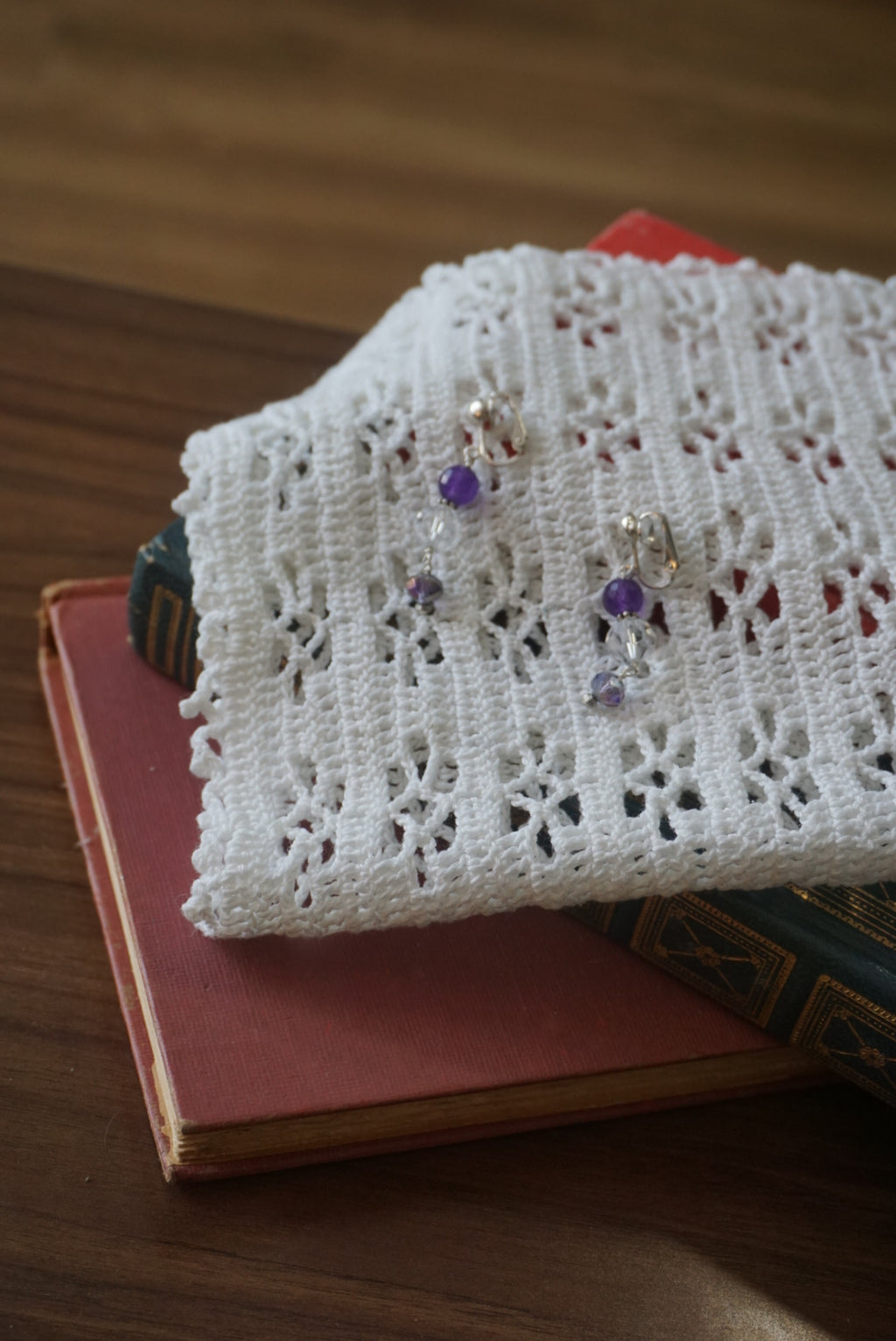 Purple and Silver Beaded Clip-On Earrings