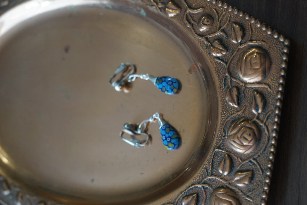 Blue Floral Pattern Drop Earrings