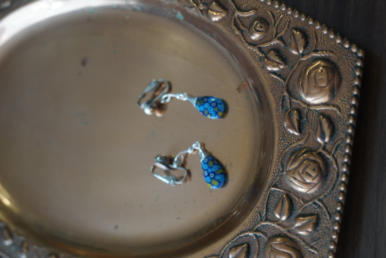 Blue Floral Pattern Drop Earrings