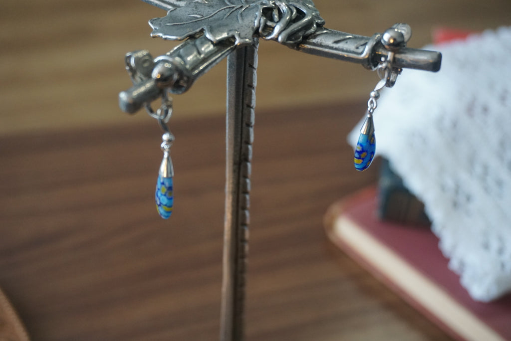 Blue Floral Pattern Drop Earrings