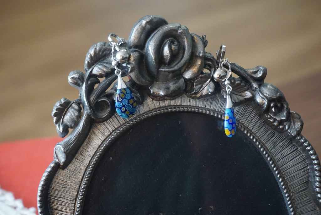 Blue Floral Pattern Drop Earrings
