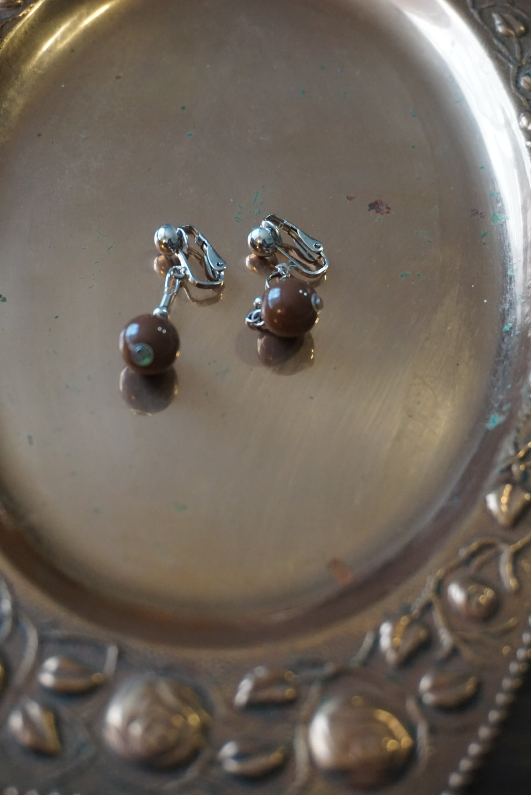 Brown Beaded Clip-On Earrings