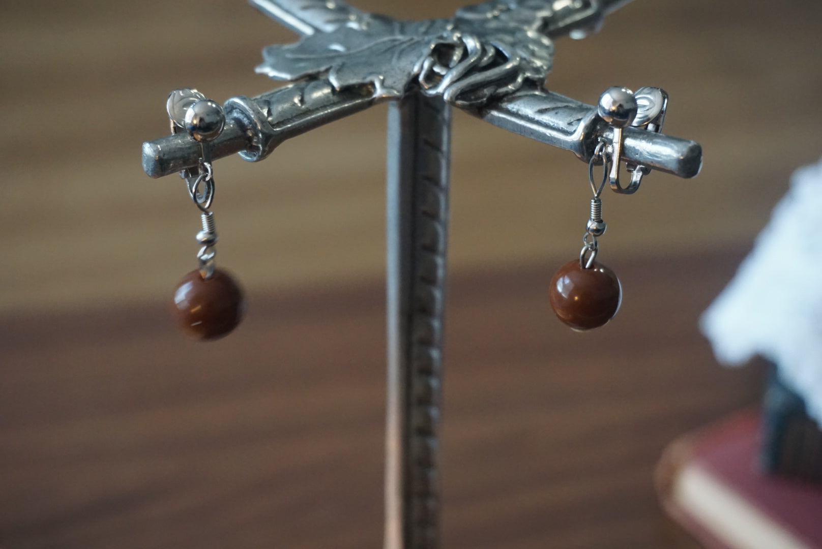 Brown Beaded Clip-On Earrings