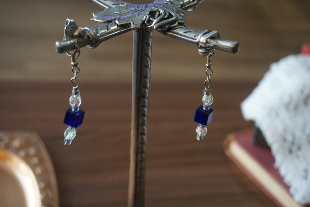 Blue and Clear Beaded Drop Earrings