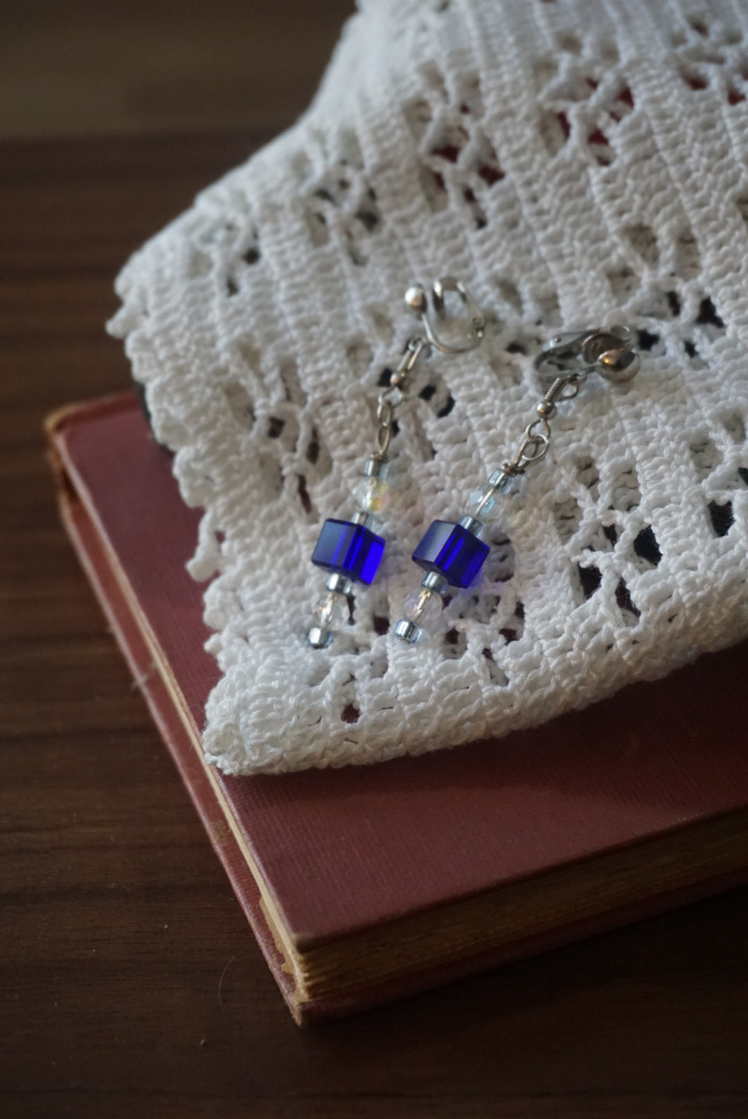 Blue and Clear Beaded Drop Earrings