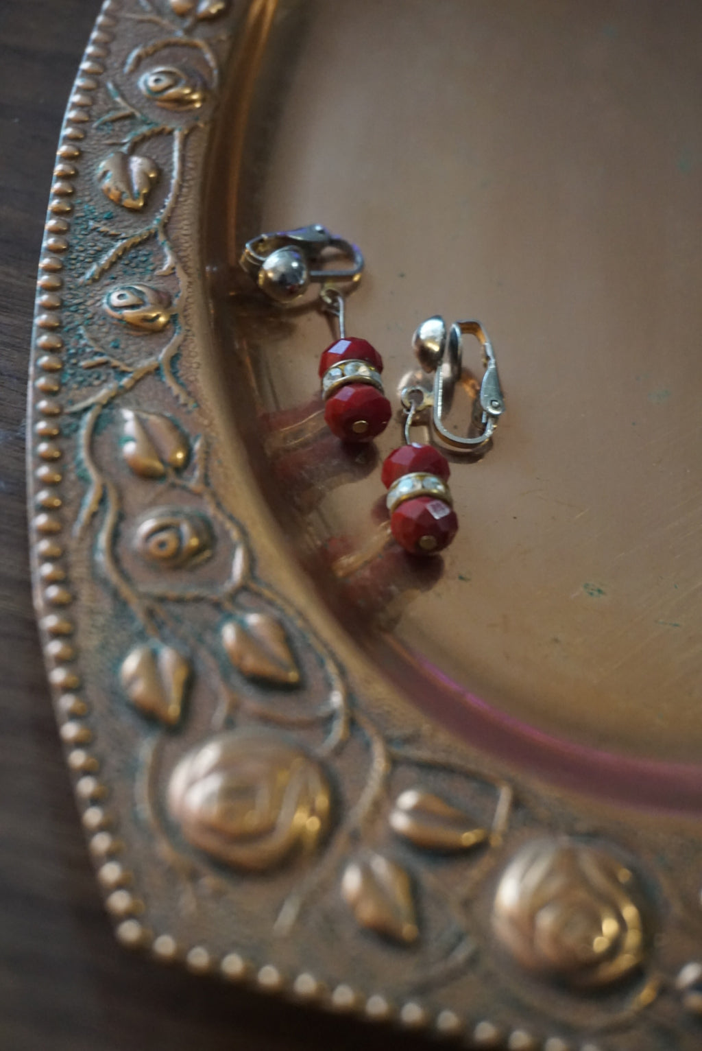 Vintage Red Beaded Clip-On Earrings