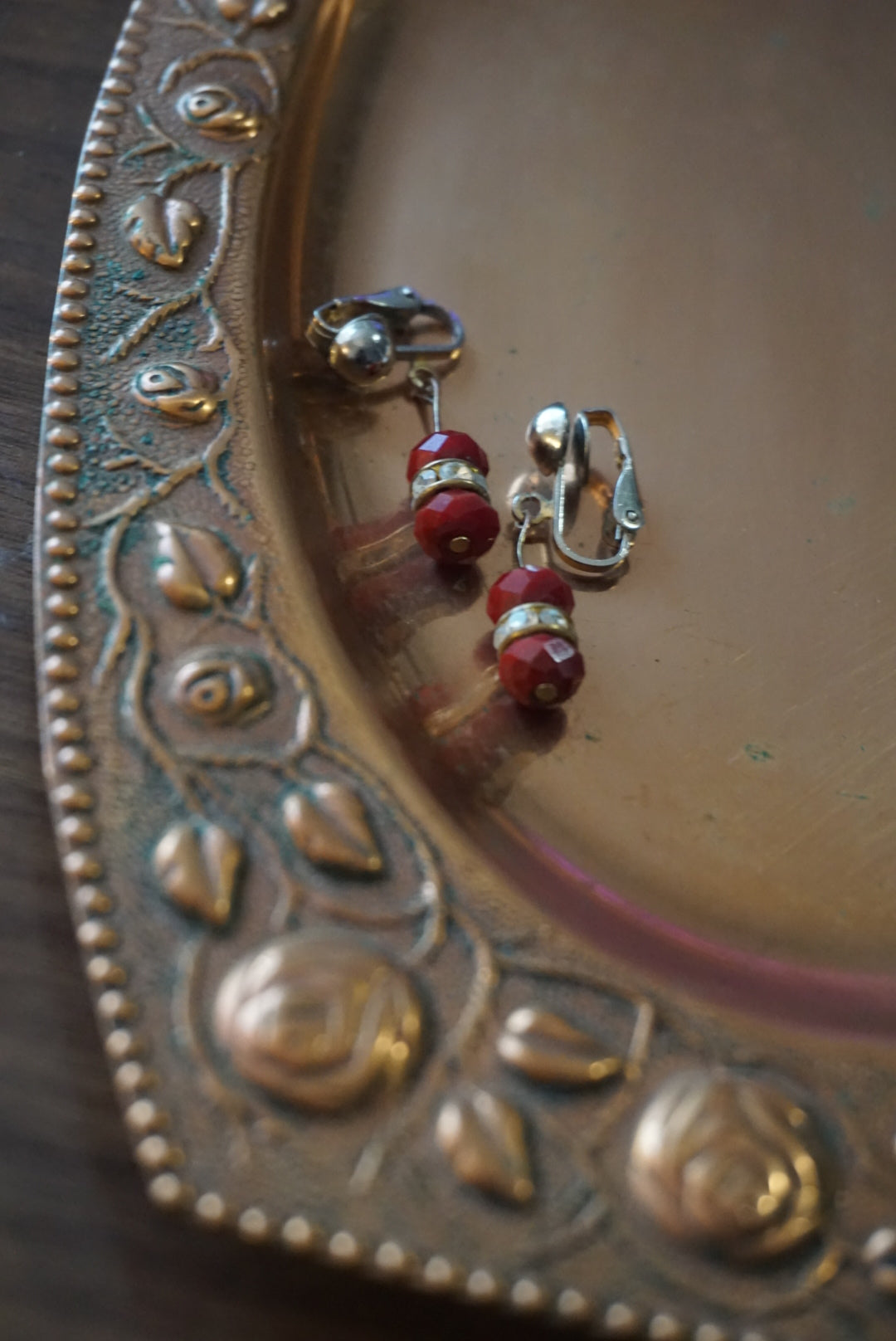 Vintage Red Beaded Clip-On Earrings