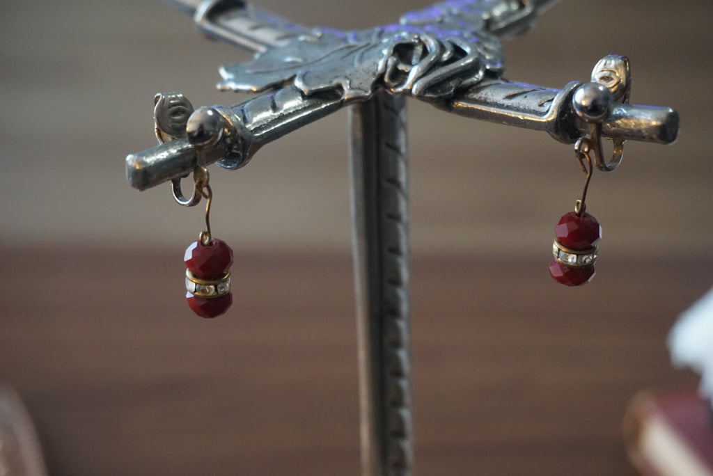 Vintage Red Beaded Clip-On Earrings