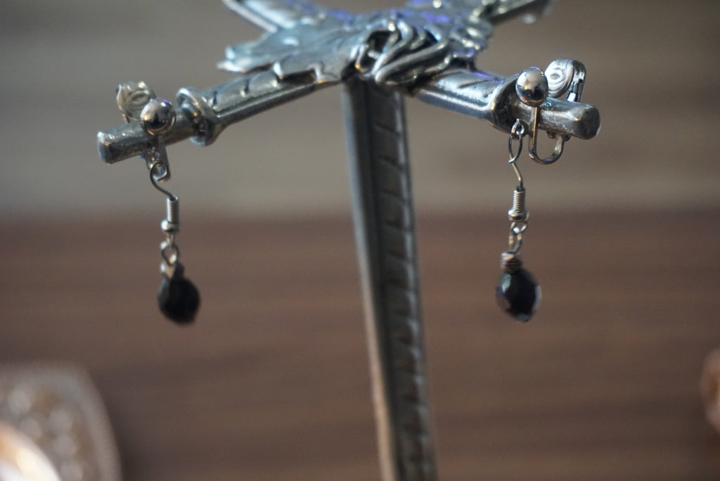 Vintage Black Beaded Clip-On Earrings