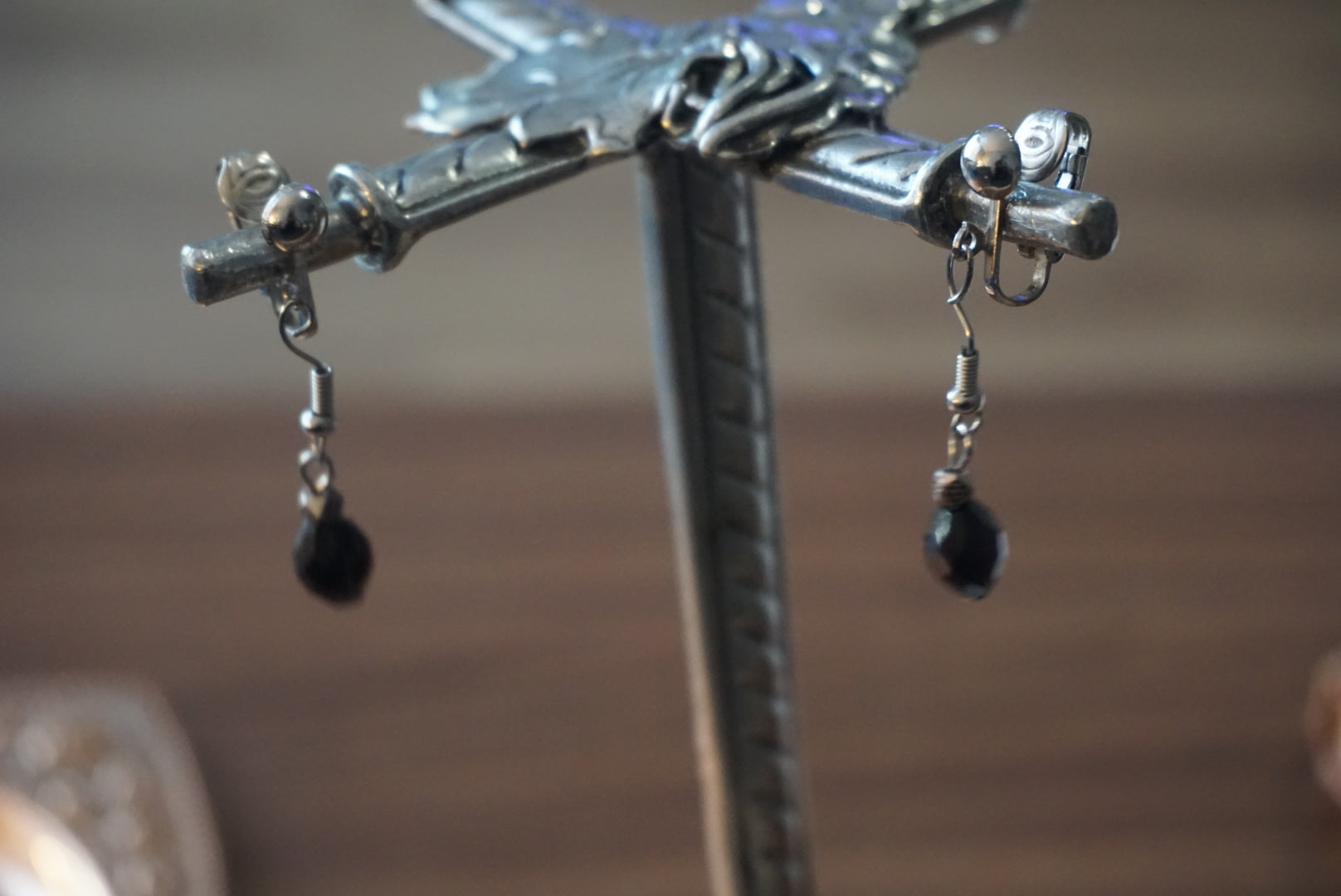 Vintage Black Beaded Clip-On Earrings