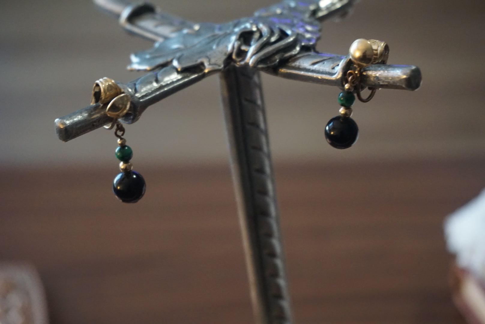 Black and Green Beaded Dangle Earrings