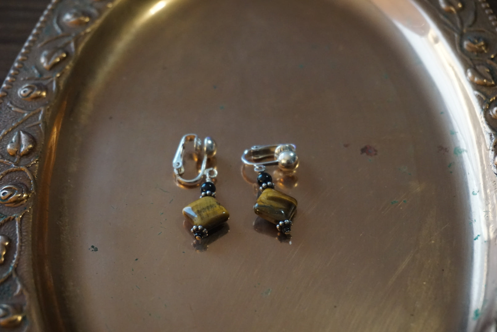 Tiger Eye and Black Bead Drop Earrings