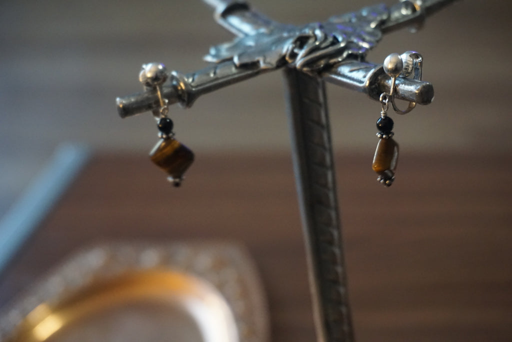 Tiger Eye and Black Bead Drop Earrings