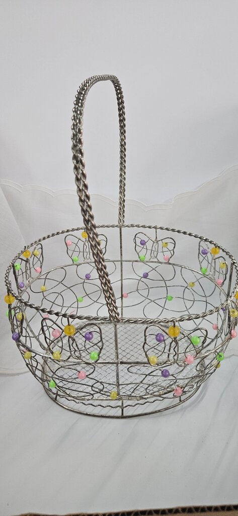 Colorful Wire Easter Basket 90s Vintage Beaded Basket butterflies