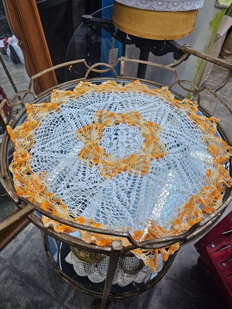 Vintage Crochet Doily with Orange and White Design