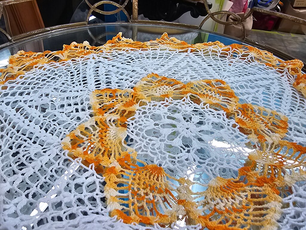 Vintage Crochet Doily with Orange and White Design
