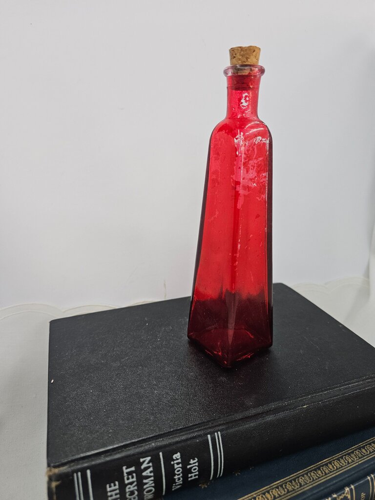Red Glass Bottle Triangle Shaped Square Base Apothecary Jar Ruby Art Glass Flower Bud Vase Bath Salts Oils Translucent Glass
