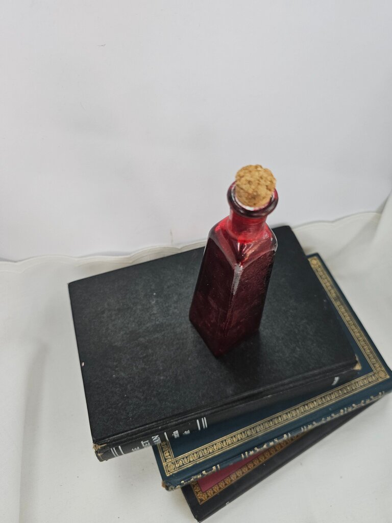 Red Glass Bottle Triangle Shaped Square Base Apothecary Jar Ruby Art Glass Flower Bud Vase Bath Salts Oils Translucent Glass