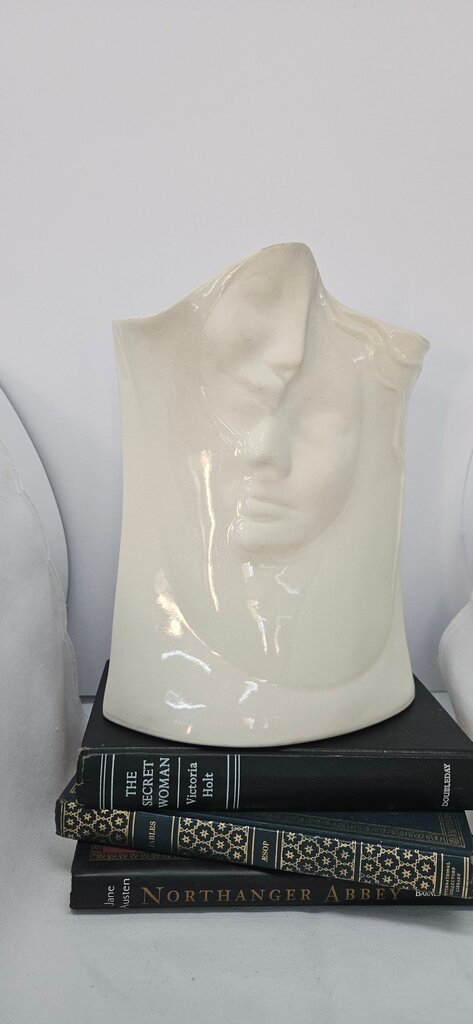Vintage Signed Art Vase Cream Ceramic w/ 2 Spirit Faces Ceramic Sculpture Face