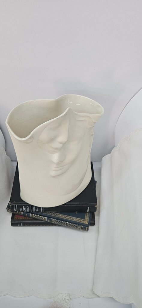 Vintage Signed Art Vase Cream Ceramic w/ 2 Spirit Faces Ceramic Sculpture Face