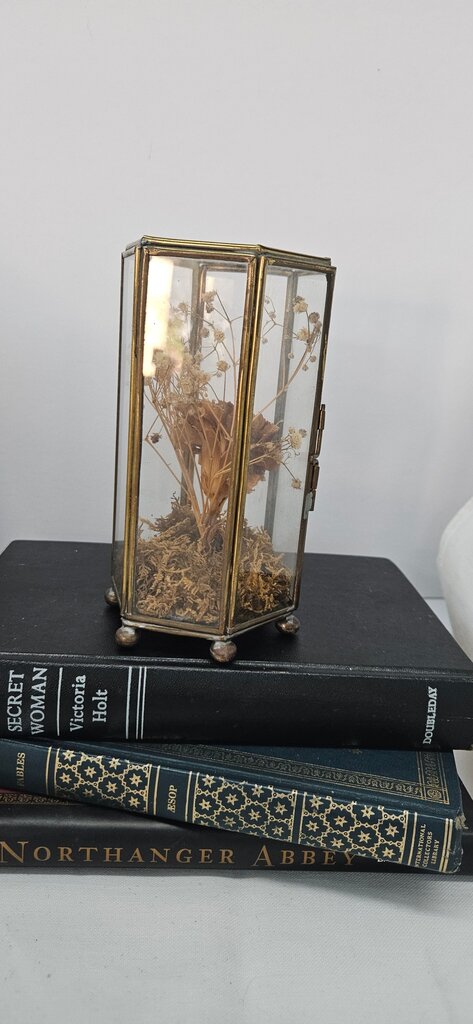 Vintage Glass Terrarium Floral Brass Curio Display
