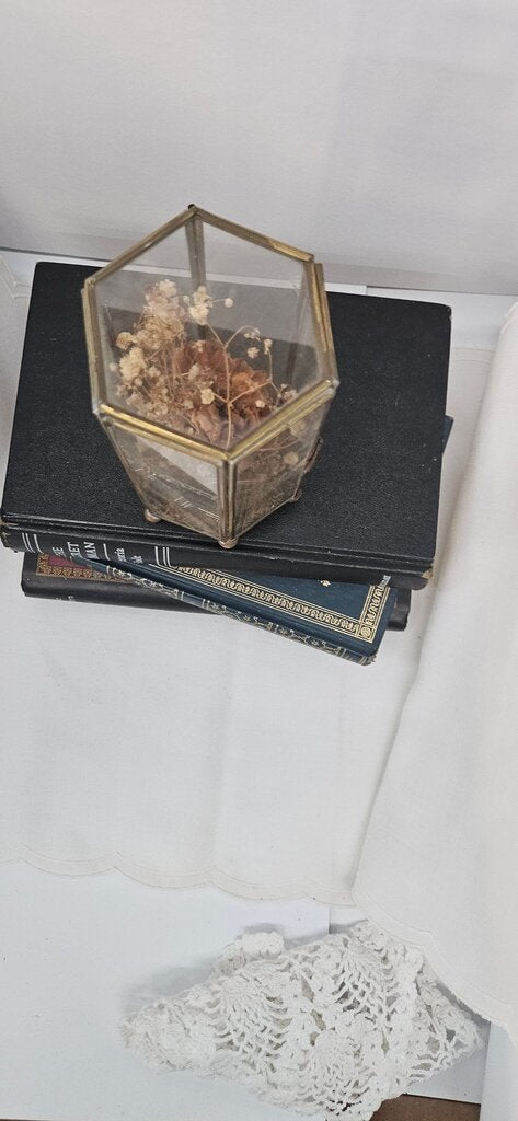 Vintage Glass Terrarium Floral Brass Curio Display