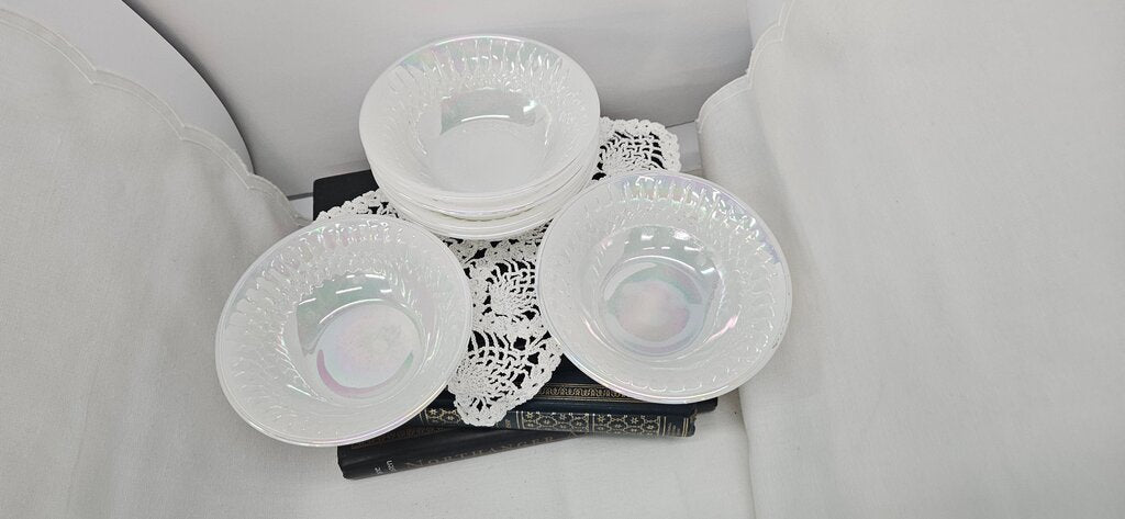 Vintage Federal Glass Bowls Iridescent White Pearl Moon Glow