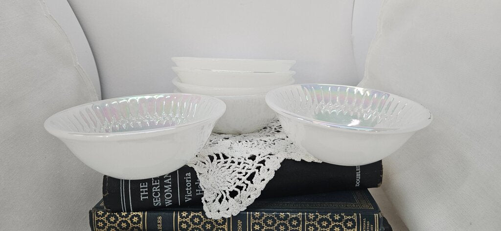 Vintage Federal Glass Bowls Iridescent White Pearl Moon Glow