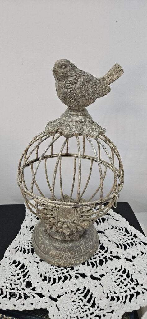 Faux Stone Metal Bird Cage with Bird on Top Opens For Candle Or Decor Decorative Bird Cage Sculpture