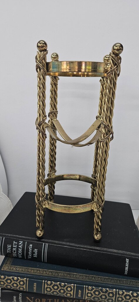Mid-Century hollywood regency style 10" Tall Brass Accent wine/candle Stand Features Rope Pillars Ball Tops & Feet 3 Tier Bowl, Orb, Candle Holder, Nautical Brass Accents