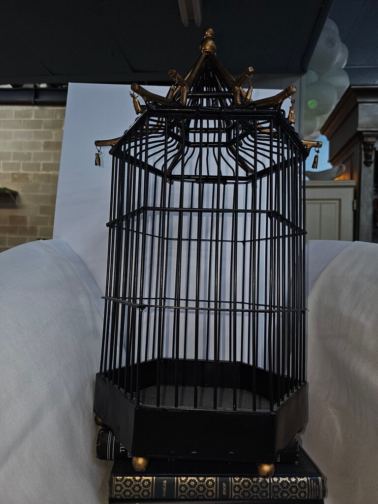 French Gilt Tole Hexagonal Pagoda Birdcage with Bells