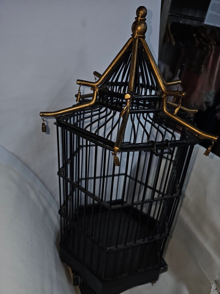 French Gilt Tole Hexagonal Pagoda Birdcage with Bells