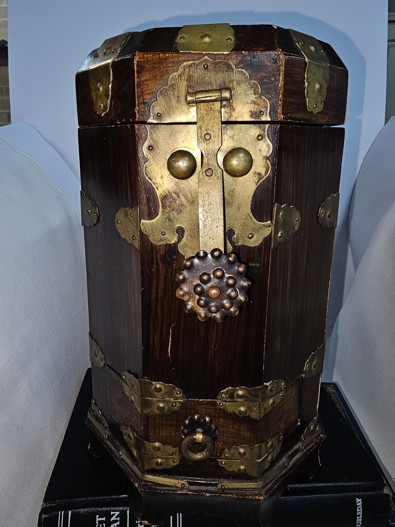 Antique Octagonal Wooden Trunk with Brass Hardware Antique Oriental Octagonal Wood and Bronze Tea cady/box -Traditional Craftsmanship