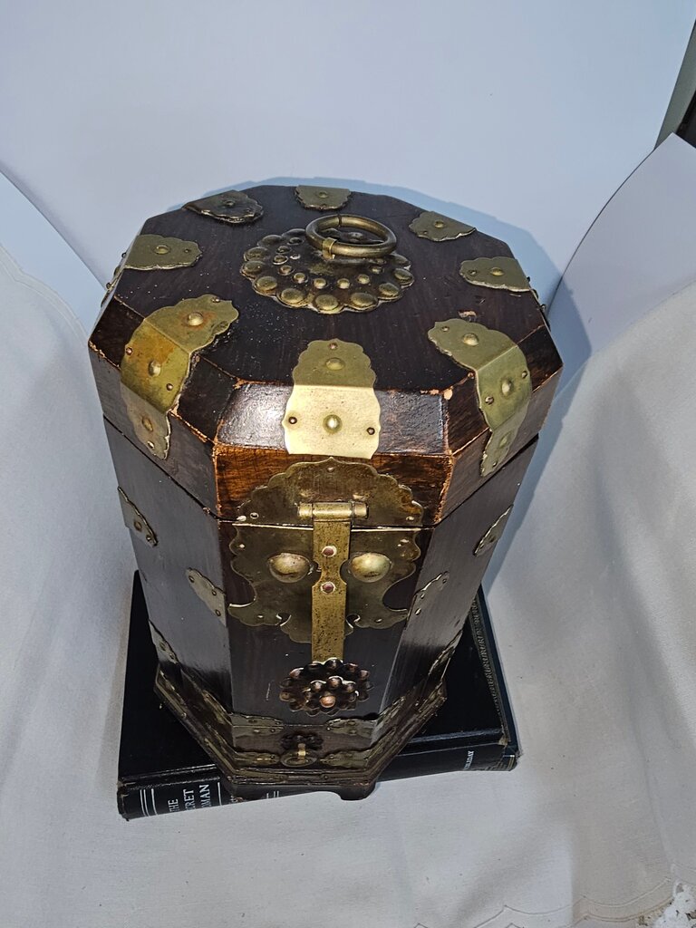 Antique Octagonal Wooden Trunk with Brass Hardware Antique Oriental Octagonal Wood and Bronze Tea cady/box -Traditional Craftsmanship