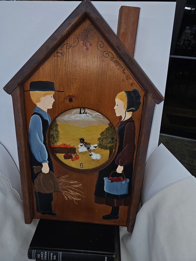 Handcrafted Wooden Clock with Amish Figures