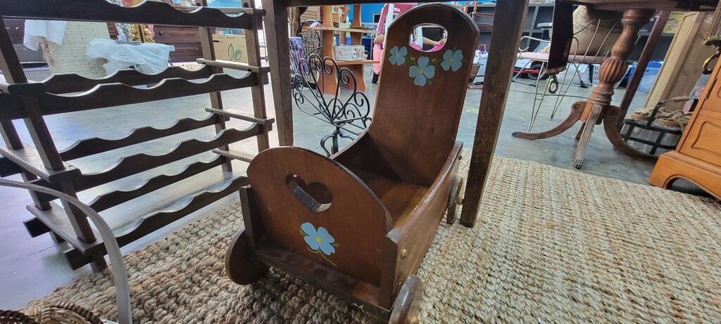 Vintage Wooden Doll Stroller with Painted Flower Design