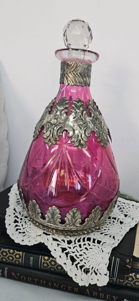 Liquor Decanter Ca 1900’s Germany Smokey Cut Etched Glass with Silver Overlay