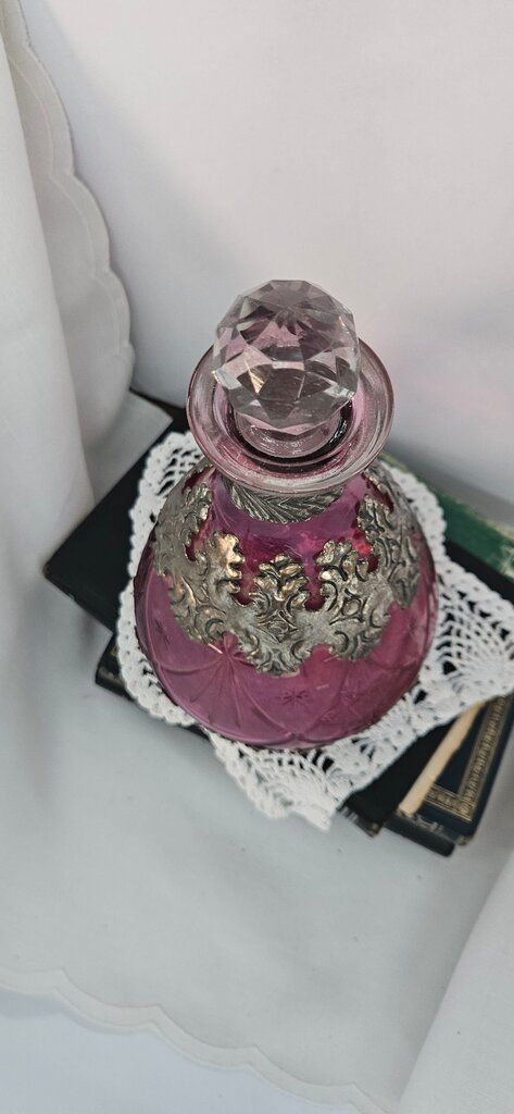 Liquor Decanter Ca 1900’s Germany Smokey Cut Etched Glass with Silver Overlay