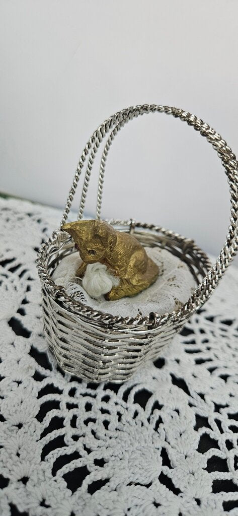 Miniature Gold Cat in Silver Basket