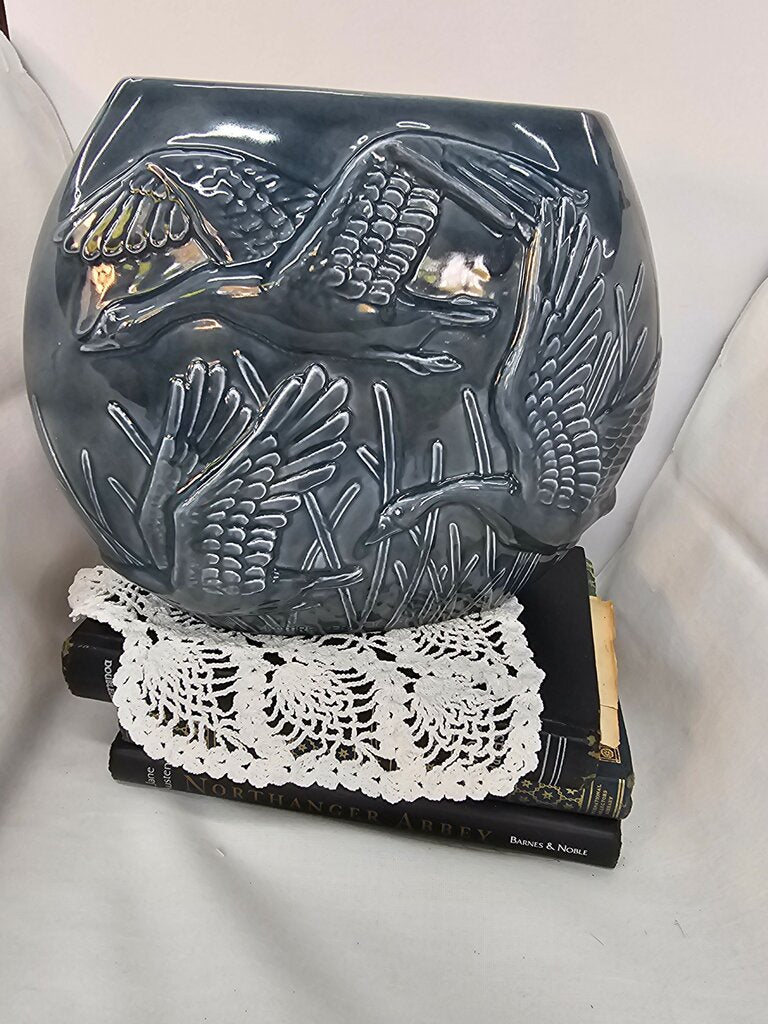 Ceramic Blue Oval Round Vase with Birds/Embellished Planter