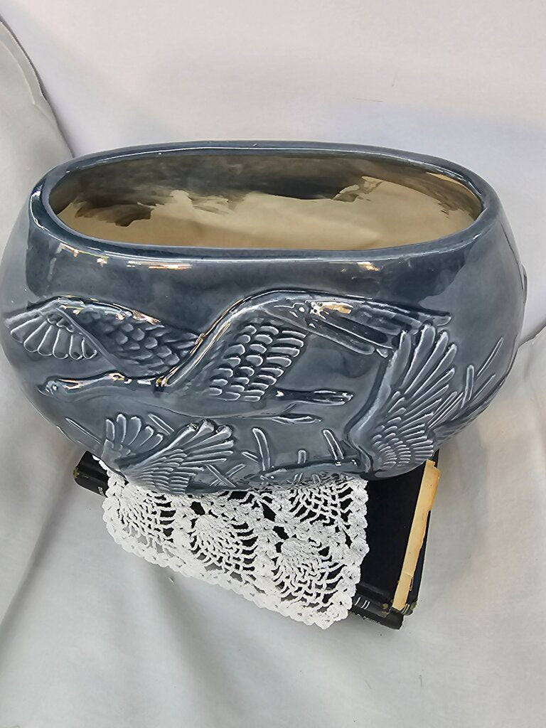 Ceramic Blue Oval Round Vase with Birds/Embellished Planter