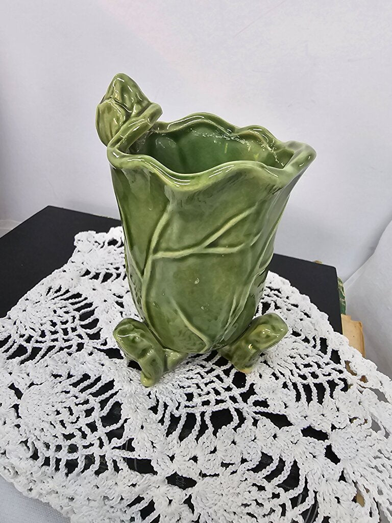 Ceramic Frog Vase Vintage Retro Green Glazed 1960s 1970s McCoy-style Pedestal Leaf Planter