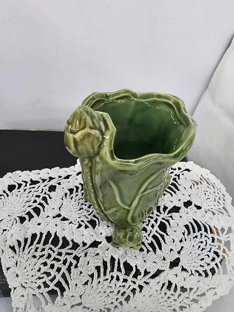 Ceramic Frog Vase Vintage Retro Green Glazed 1960s 1970s McCoy-style Pedestal Leaf Planter