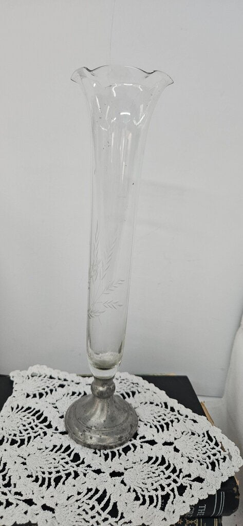 Vintage Sterling Silver and Etched Glass 1950 Web 7” Tall Bud Vase Preowned