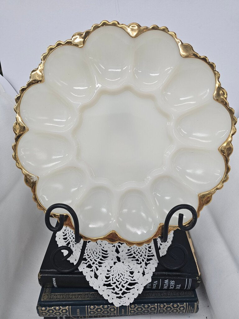 Vintage White Glass Serving Platter with Gold Trim