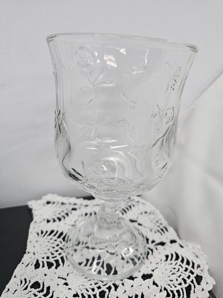 Vintage Anchor Hocking "Savannah Clear" Goblets, Raised Roses Design on Large Heavy Pedestal Glasses