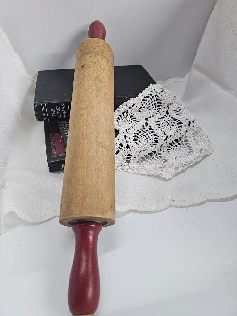 Classic Wooden Rolling Pin with Red Handles