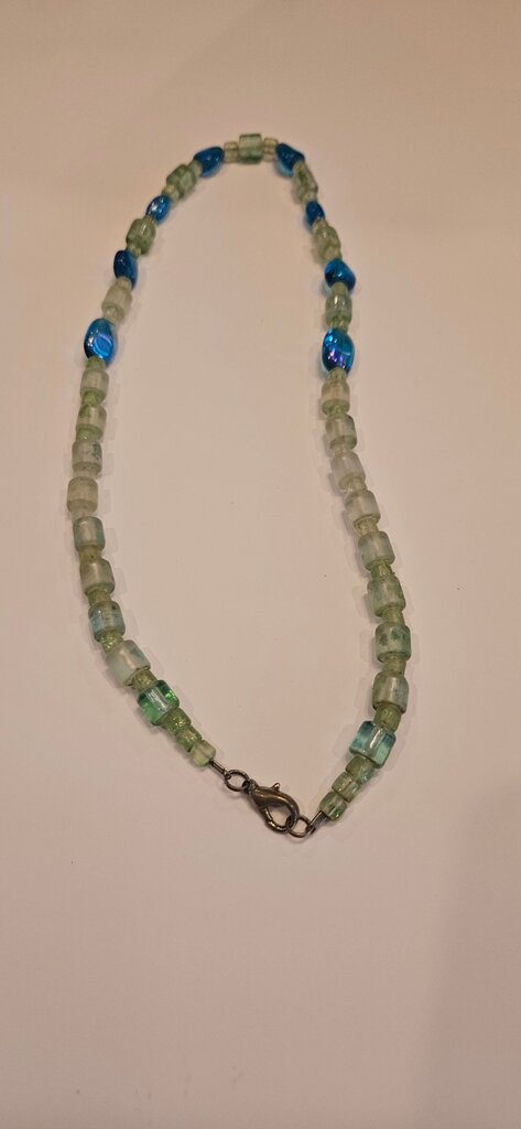 Handmade Beaded Necklace with Aqua and Green Accents