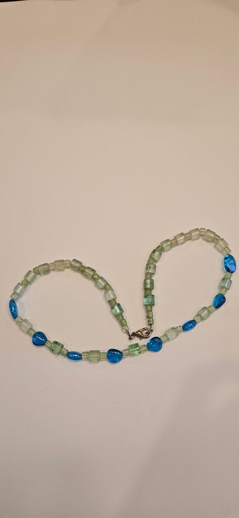 Handmade Beaded Necklace with Aqua and Green Accents