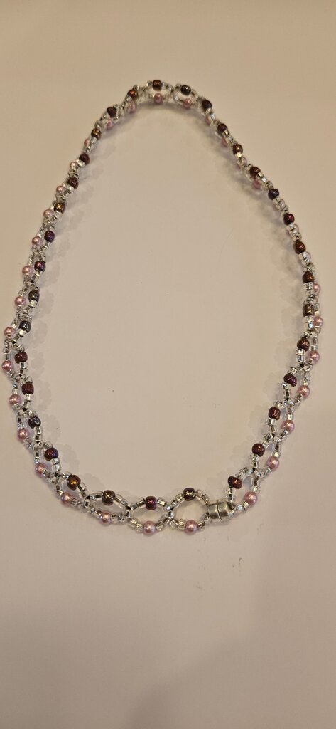 Beaded Necklace with Silver and Pink Accents